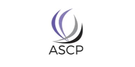 Logo featuring three curved shapes in purple and black above the letters ASCP.