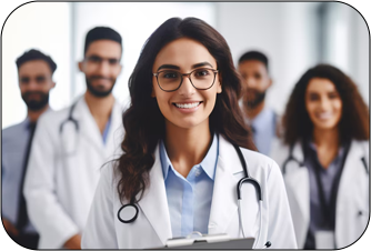 A confident female doctor wearing glasses and a stethoscope smiles at the camera with colleagues blurred in the background.