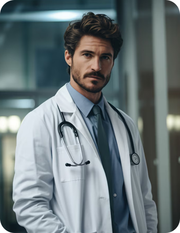A confident male doctor wearing a white coat and stethoscope, standing in a medical facility.
